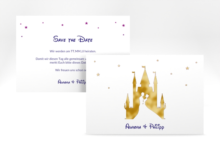 Save the Date-Karte Castle A6 Karte quer lila gold