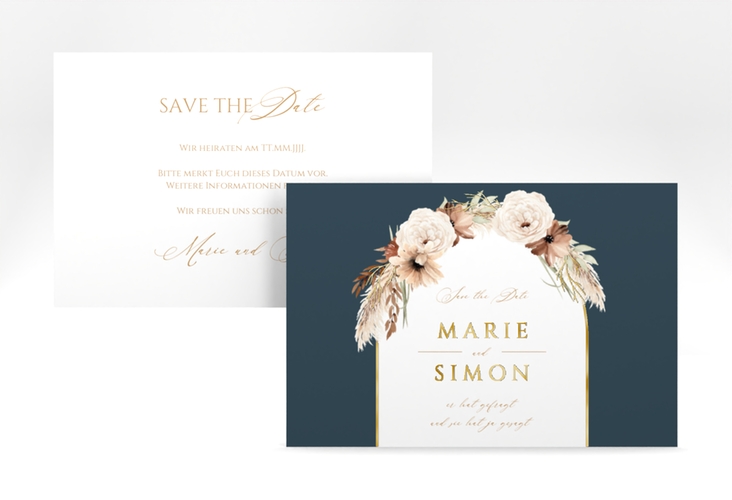 Save the Date-Karte Blumenbogen A6 Karte quer blau gold