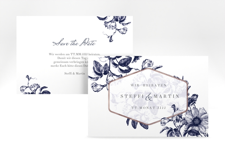 Save the Date-Karte Magnificent A6 Karte quer blau rosegold