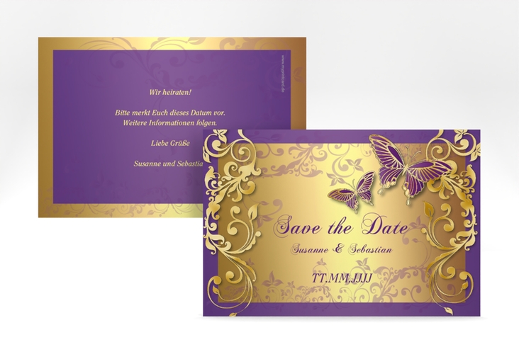 Save the Date-Karte Hochzeit Toulouse A6 Karte quer lila gold romantisch mit Schmetterlingen