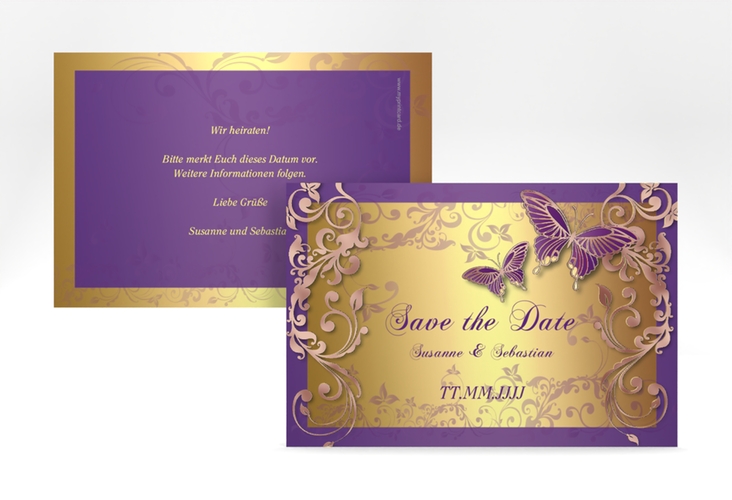 Save the Date-Karte Hochzeit Toulouse A6 Karte quer lila rosegold romantisch mit Schmetterlingen