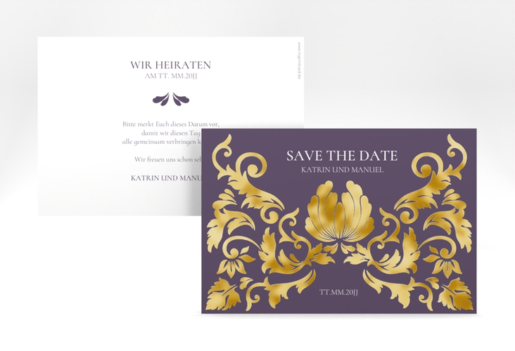 Save the Date-Karte Royal A6 Karte quer lila gold mit barockem Blumen-Ornament