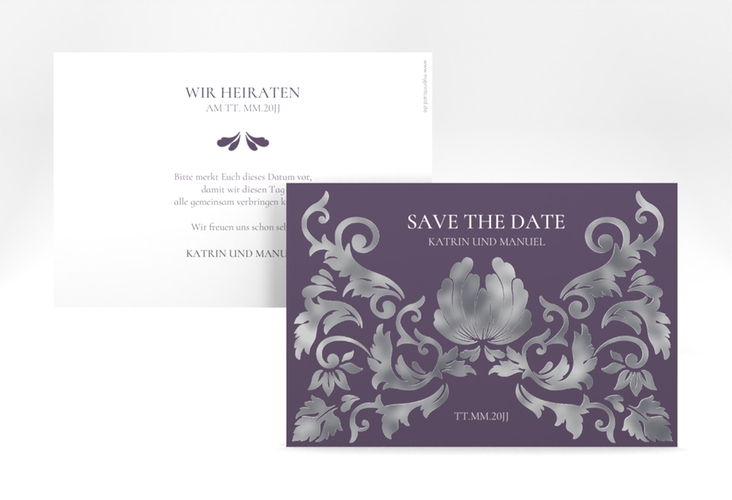 Save the Date-Karte Royal A6 Karte quer lila silber mit barockem Blumen-Ornament