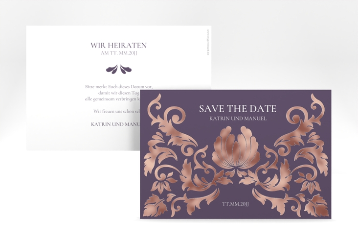 Save the Date-Karte Royal A6 Karte quer lila rosegold mit barockem Blumen-Ornament