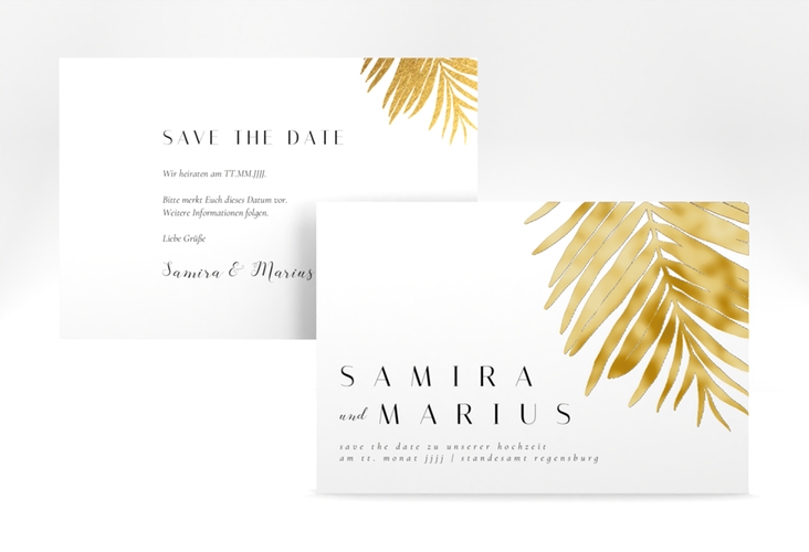 Save the Date-Karte Palmenblatt A6 Karte quer gold gold mit Palmenwedel