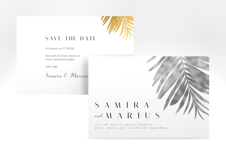 Save the Date-Karte Palmenblatt A6 Karte quer gold silber mit Palmenwedel