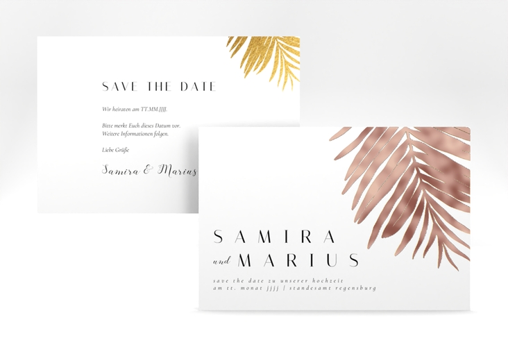 Save the Date-Karte Palmenblatt A6 Karte quer gold rosegold mit Palmenwedel