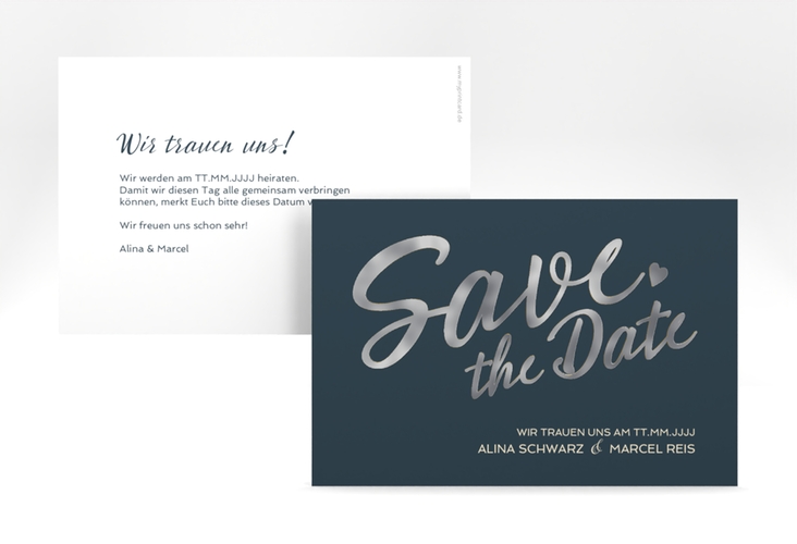 Save the Date-Karte Glam A6 Karte quer blau silber