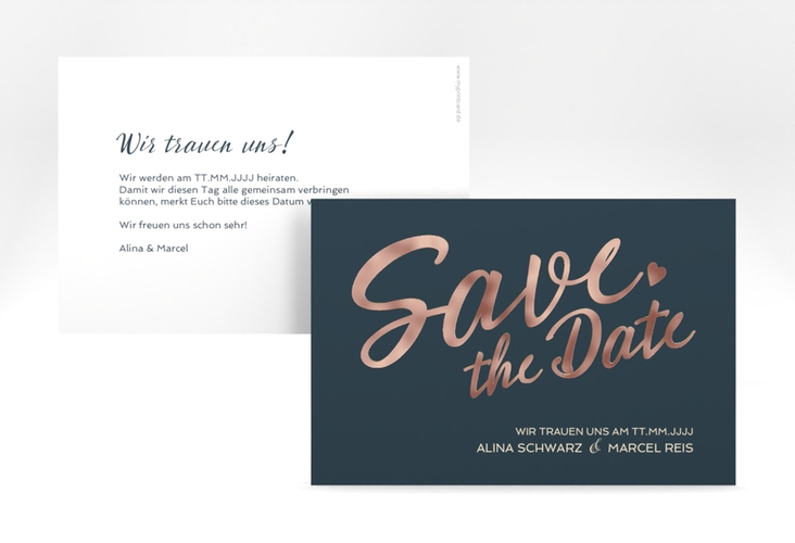 Save the Date-Karte Glam A6 Karte quer blau rosegold