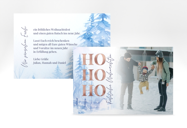 Weihnachtskarte Weisse Weihnacht A6 Karte quer blau rosegold für Weihnachtsgrüße mit Familienfoto