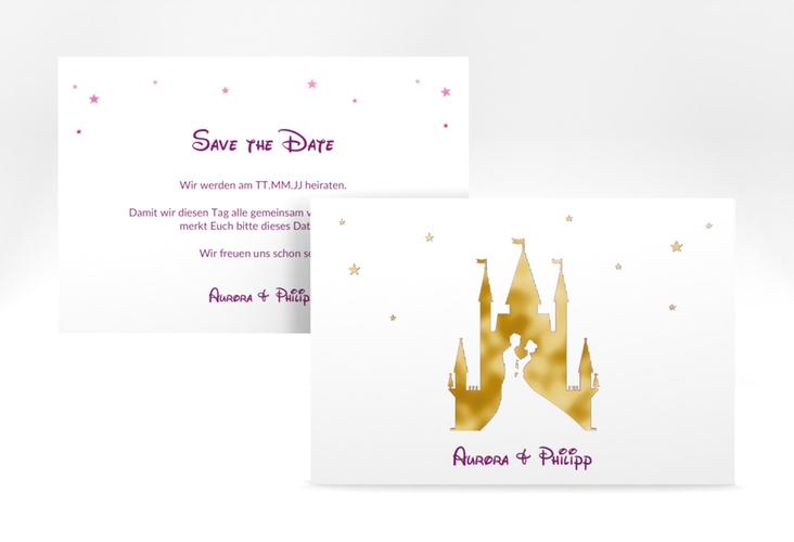 Save the Date-Karte Castle A6 Karte quer pink gold