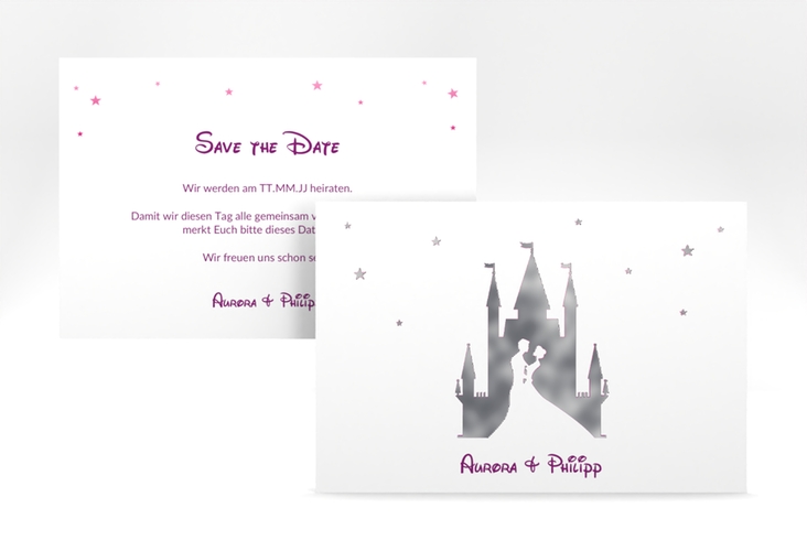 Save the Date-Karte Castle A6 Karte quer pink silber