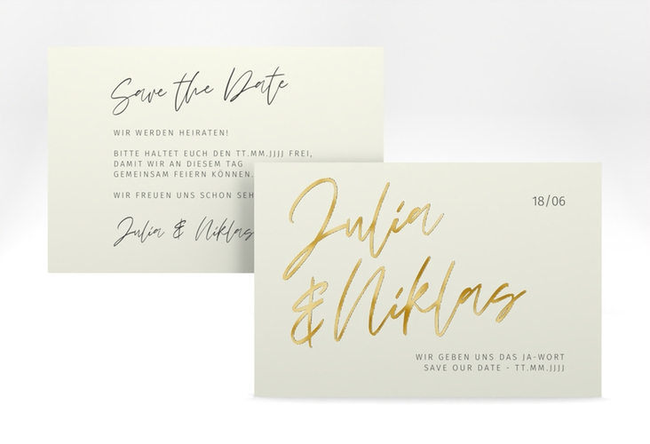 Save the Date-Karte Einfachheit A6 Karte quer mint gold mit modernem Schriftzug