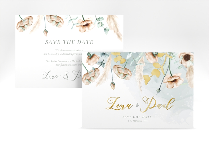 Save the Date-Karte Anemone A6 Karte quer mint gold