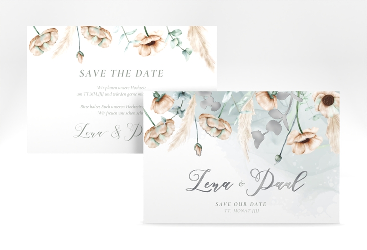 Save the Date-Karte Anemone A6 Karte quer mint silber