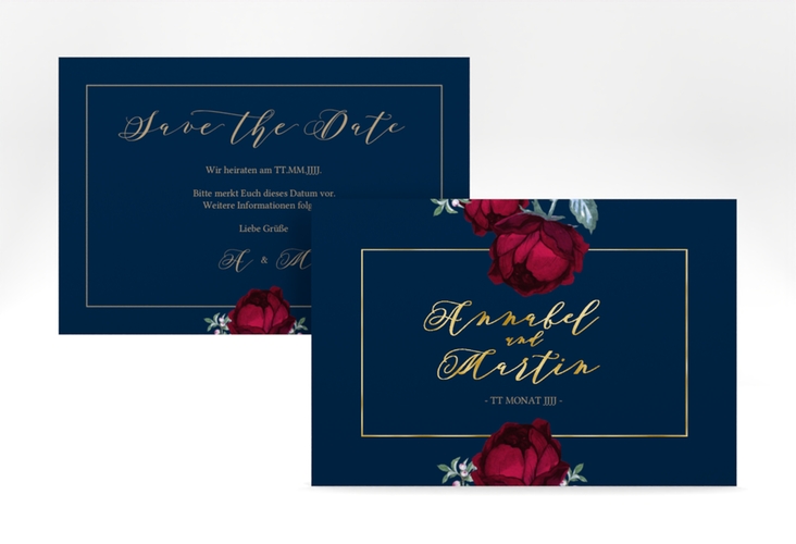 Save the Date-Karte Peonies A6 Karte quer blau gold elegant mit Pfingstrosen