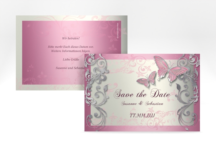 Save the Date-Karte Hochzeit Toulouse A6 Karte quer rosa silber romantisch mit Schmetterlingen