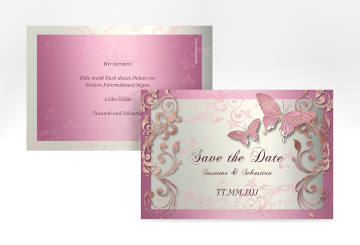 Save the Date-Karte Hochzeit Toulouse A6 Karte quer rosa rosegold romantisch mit Schmetterlingen