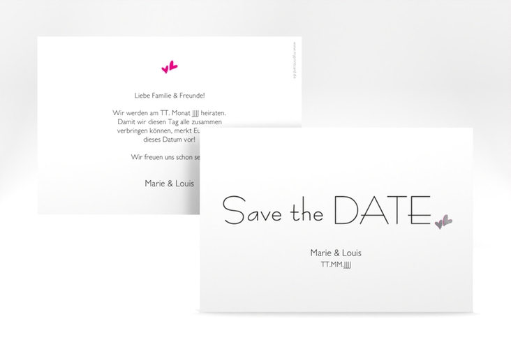 Save the Date-Karte Hochzeit Twohearts A6 Karte quer pink silber