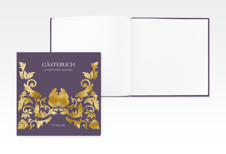 Gästebuch Creation Hochzeit Royal 20 x 20 cm, Hardcover lila gold mit barockem Blumen-Ornament