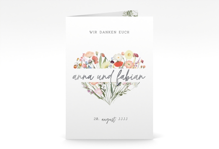 Danksagungskarte Hochzeit Wildblumenherz A6 Klappkarte hoch bunt silber