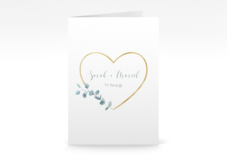 Einladungskarte Hochzeit Greenheart A6 Klappkarte hoch gold gold mit elegantem Herz und Eukalyptus-Zweig