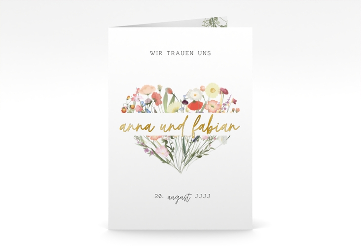 Einladungskarte Hochzeit Wildblumenherz A6 Klappkarte hoch bunt gold