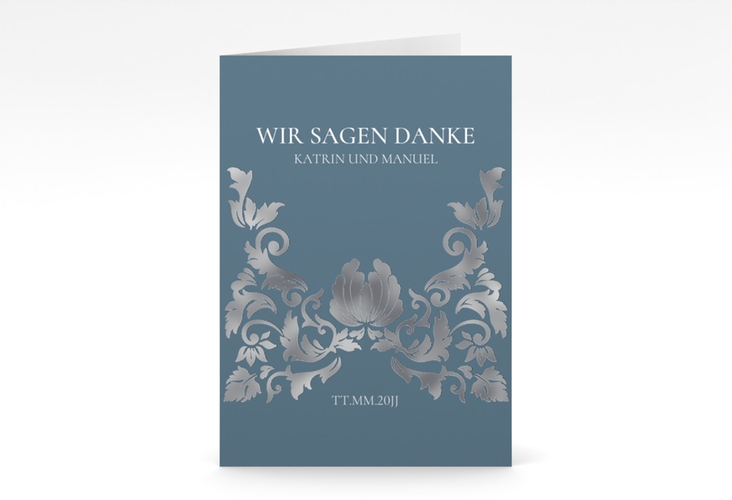 Danksagungskarte Hochzeit Royal A6 Klappkarte hoch blau silber mit barockem Blumen-Ornament