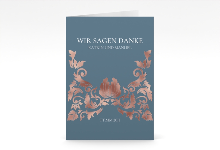 Danksagungskarte Hochzeit Royal A6 Klappkarte hoch blau rosegold mit barockem Blumen-Ornament