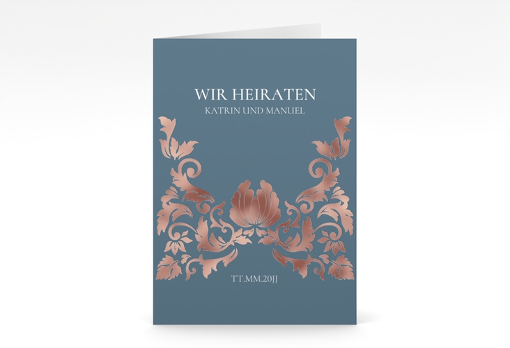 Einladungskarte Hochzeit Royal A6 Klappkarte hoch blau rosegold mit barockem Blumen-Ornament