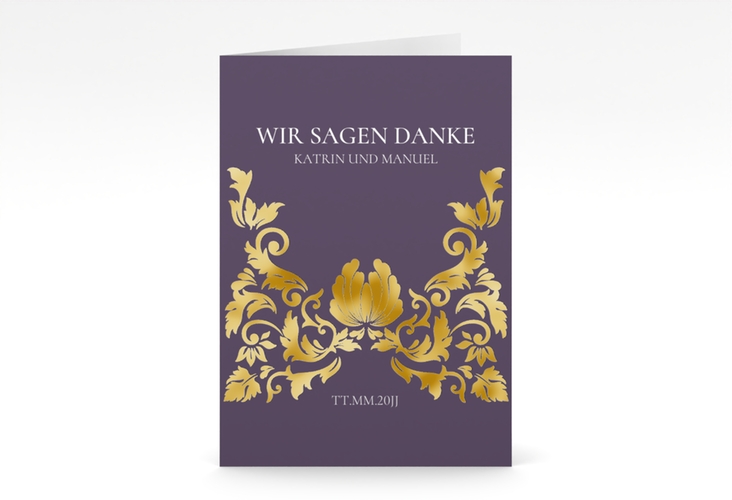 Danksagungskarte Hochzeit Royal A6 Klappkarte hoch lila gold mit barockem Blumen-Ornament