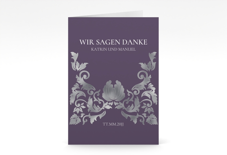 Danksagungskarte Hochzeit Royal A6 Klappkarte hoch lila silber mit barockem Blumen-Ornament