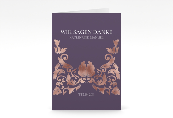 Danksagungskarte Hochzeit Royal A6 Klappkarte hoch lila rosegold mit barockem Blumen-Ornament