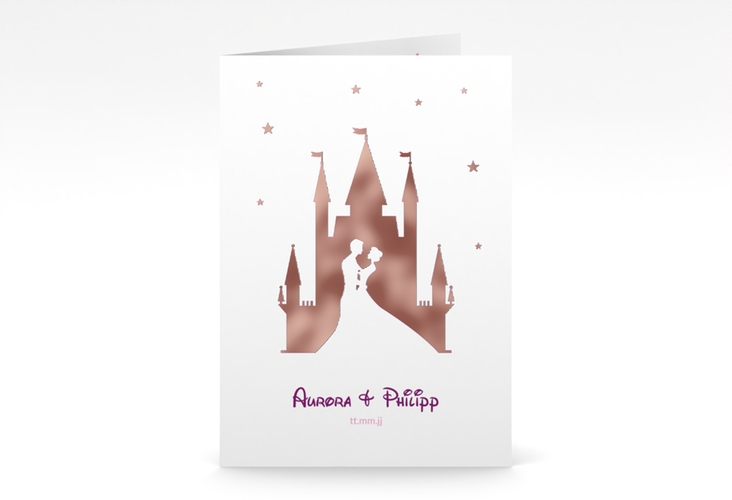 Einladungskarte Hochzeit Castle A6 Klappkarte hoch pink rosegold