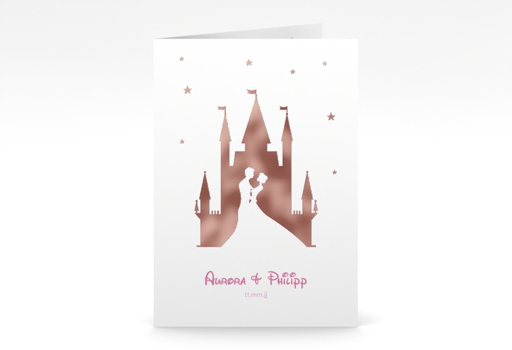 Einladungskarte Hochzeit Castle A6 Klappkarte hoch rosa rosegold