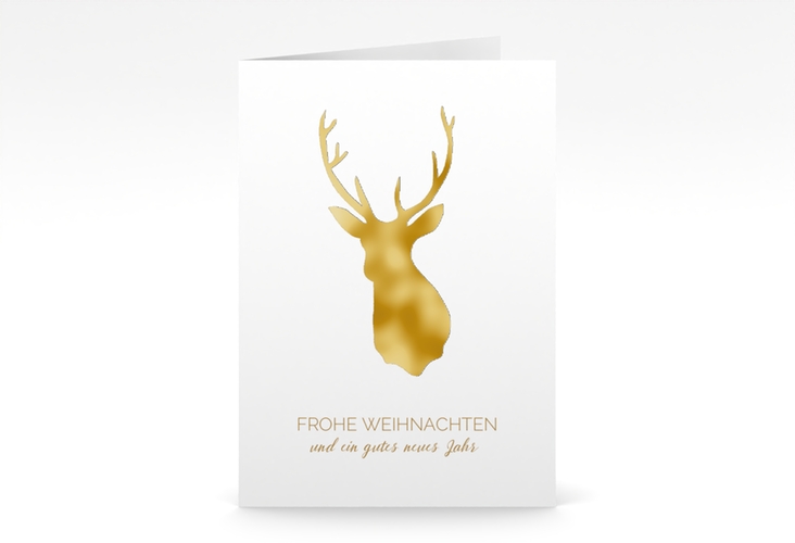 Business-Weihnachtskarte Deer A6 Klappkarte hoch gold gold und weiß mit Reh-Kopf