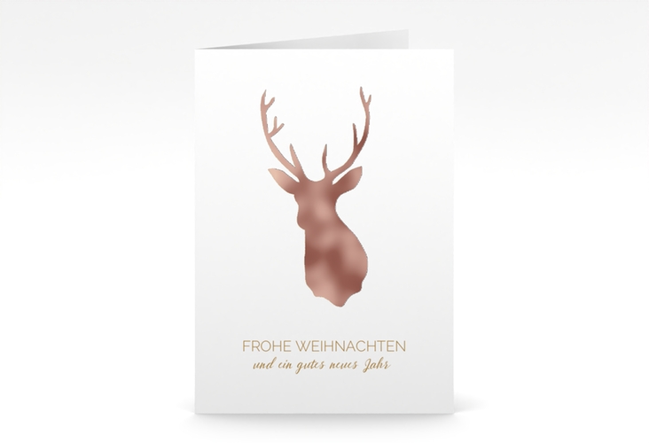 Business-Weihnachtskarte Deer A6 Klappkarte hoch gold rosegold und weiß mit Reh-Kopf