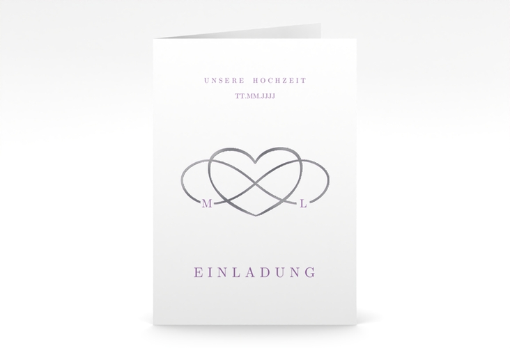 Einladungskarte Hochzeit Infinity A6 Klappkarte hoch lila silber