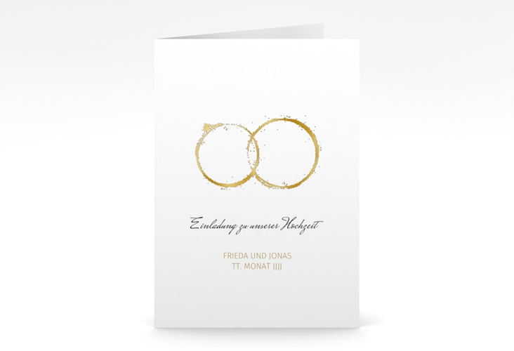 Einladungskarte Hochzeit Trauringe A6 Klappkarte hoch gold gold minimalistisch gestaltet mit zwei Eheringen