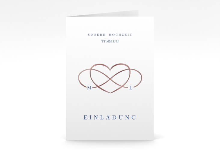 Einladungskarte Hochzeit Infinity A6 Klappkarte hoch blau rosegold