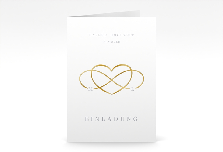 Einladungskarte Hochzeit Infinity A6 Klappkarte hoch grau gold