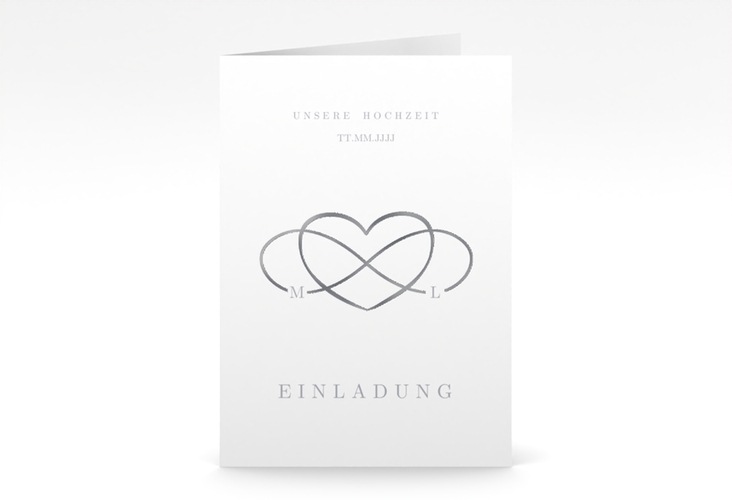 Einladungskarte Hochzeit Infinity A6 Klappkarte hoch grau silber