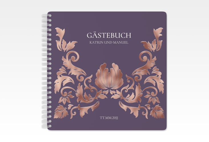 Gästebuch Hochzeit Royal Ringbindung lila rosegold mit barockem Blumen-Ornament