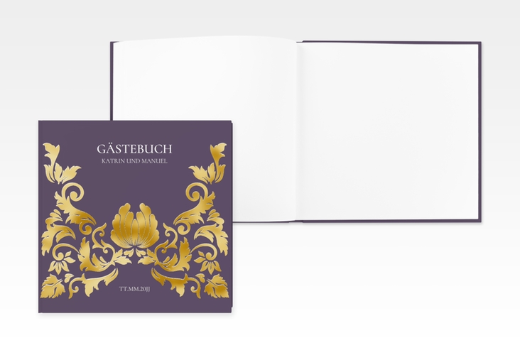 Gästebuch Creation Hochzeit Royal 20 x 20 cm, Hardcover lila gold mit barockem Blumen-Ornament