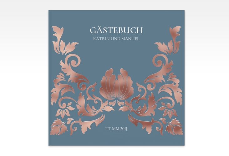 Gästebuch Creation Hochzeit Royal 20 x 20 cm, Hardcover blau rosegold mit barockem Blumen-Ornament