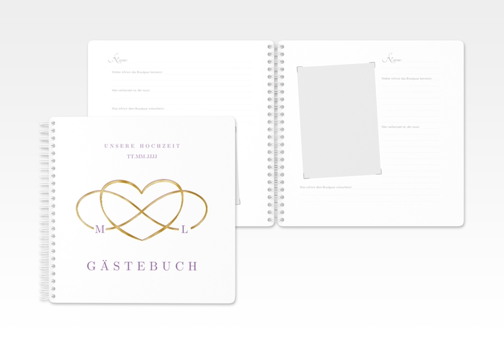 Gästebuch Hochzeit Infinity Ringbindung lila gold