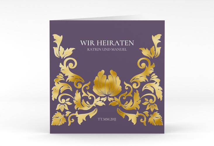 Hochzeitseinladung Royal quadr. Klappkarte lila gold mit barockem Blumen-Ornament