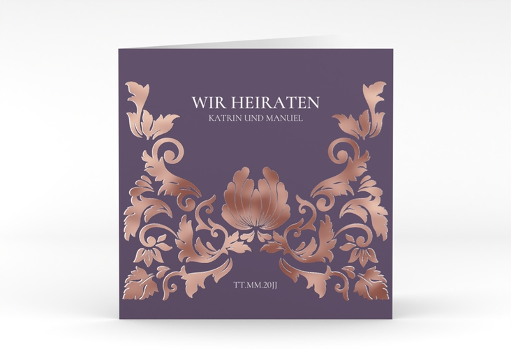 Hochzeitseinladung Royal quadr. Klappkarte lila rosegold mit barockem Blumen-Ornament