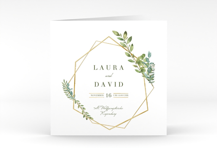 Hochzeitseinladung Herbarium quadr. Klappkarte gold gold mit geometrischem Rahmen und Blätter-Dekor