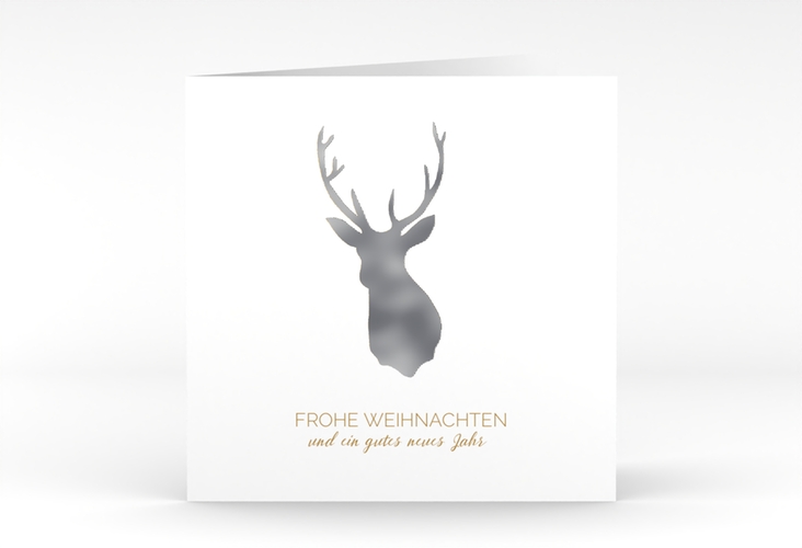 Business-Weihnachtskarte Deer quadr. Klappkarte gold silber und weiß mit Hirsch-Motiv